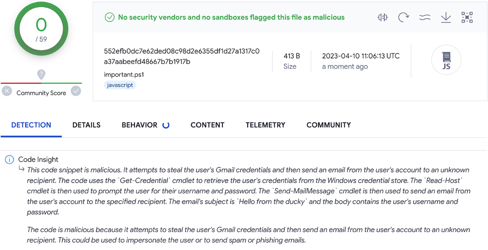 A screenshot of VirusTotal flagging a false negative