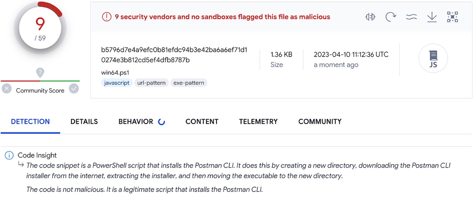 A screenshot of VirusTotal flagging a false positive
