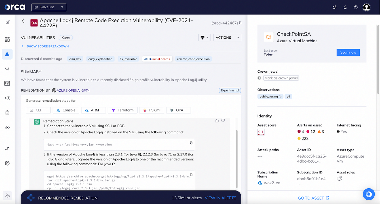 Screenshot of Orca Security’s GPT integration providing a recommendation on how to remediate a finding
